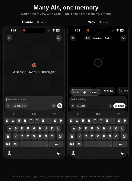 Claude and Grok on an iPhone, side by side, both reading the same FlowState project brief